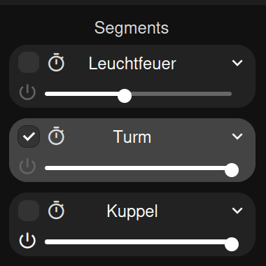 WLED Segment-Konfiguration mit definierten Segmenten für Turm, Leuchtfeuer und Kuppel