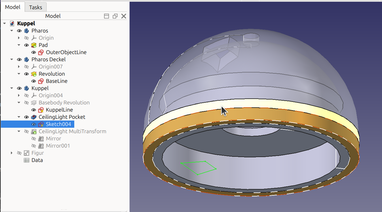 FreeCAD: Nahaufnahme der Deckenlicht Pocket.