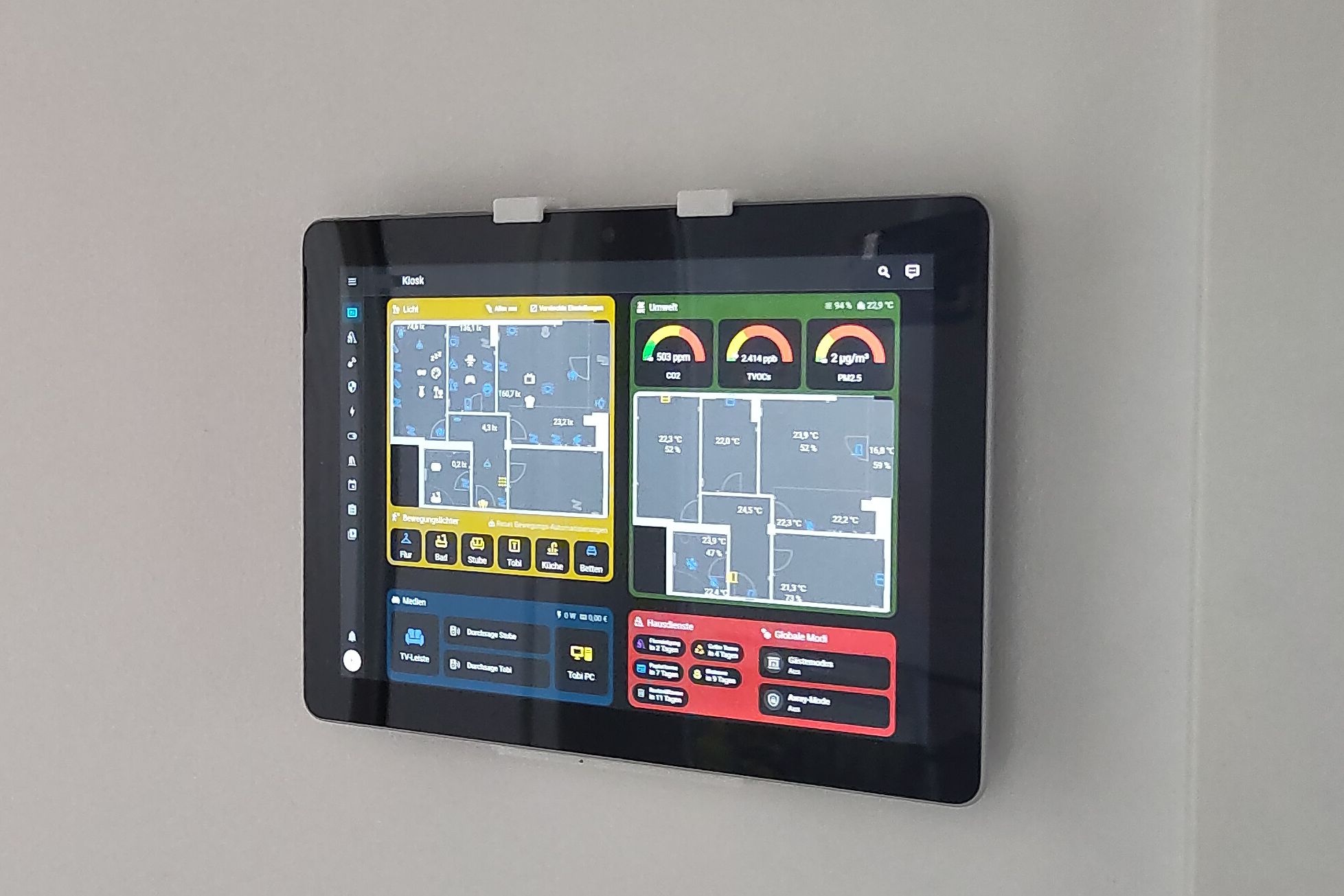 Pict of the Surface Go 1 running Ubuntu mounted at wall showing Home Assistant Dashboard